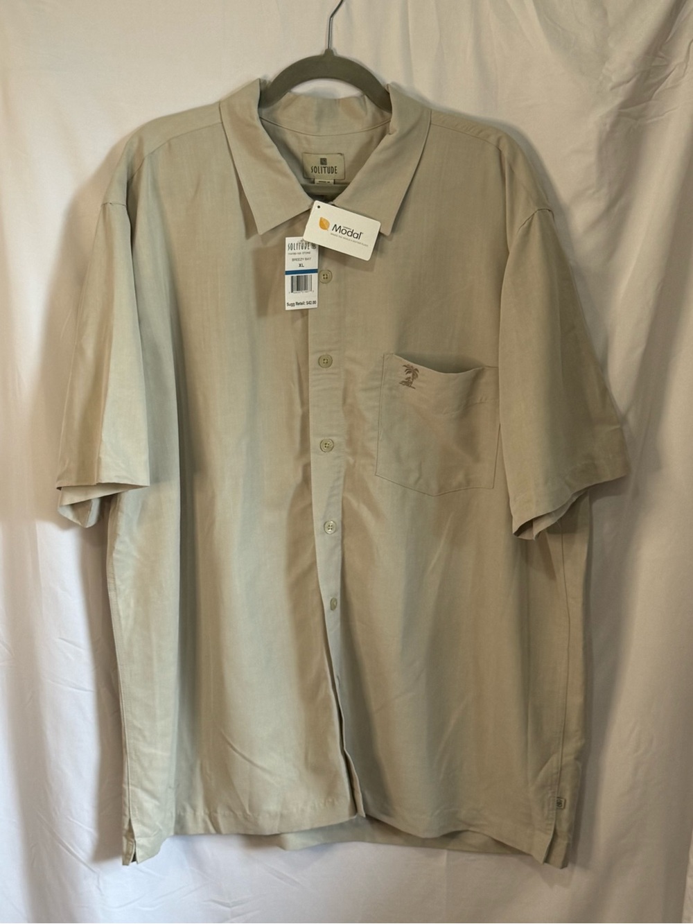 Mens Short Sleeve Modal Blend Button-Down Shirt in Light Beige